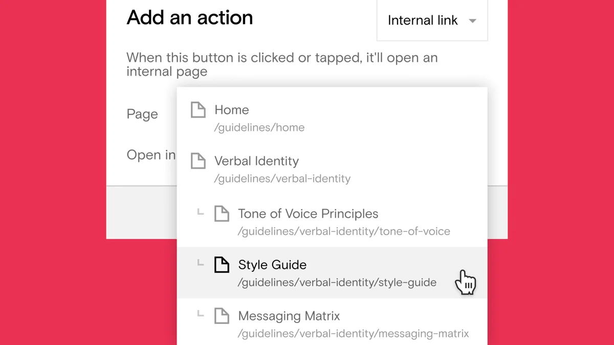 The internal link selector in Niice, showing a site’s page structure.