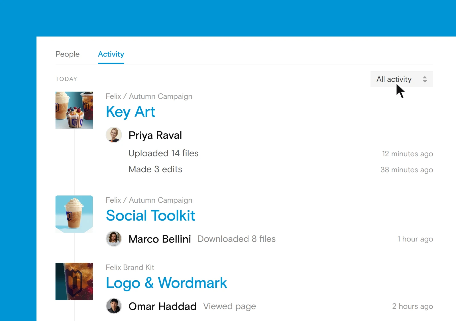 The Activity tab on the People page in Niice, showing a feed of work on a Felix autumn campaign: Priya Raval uploading files to Key Art and making edits, Marco Bellini downloading the Social Toolkit, and Omar Haddad viewing the Logo & Wordmark page in the brand kit, each with the time it happened.