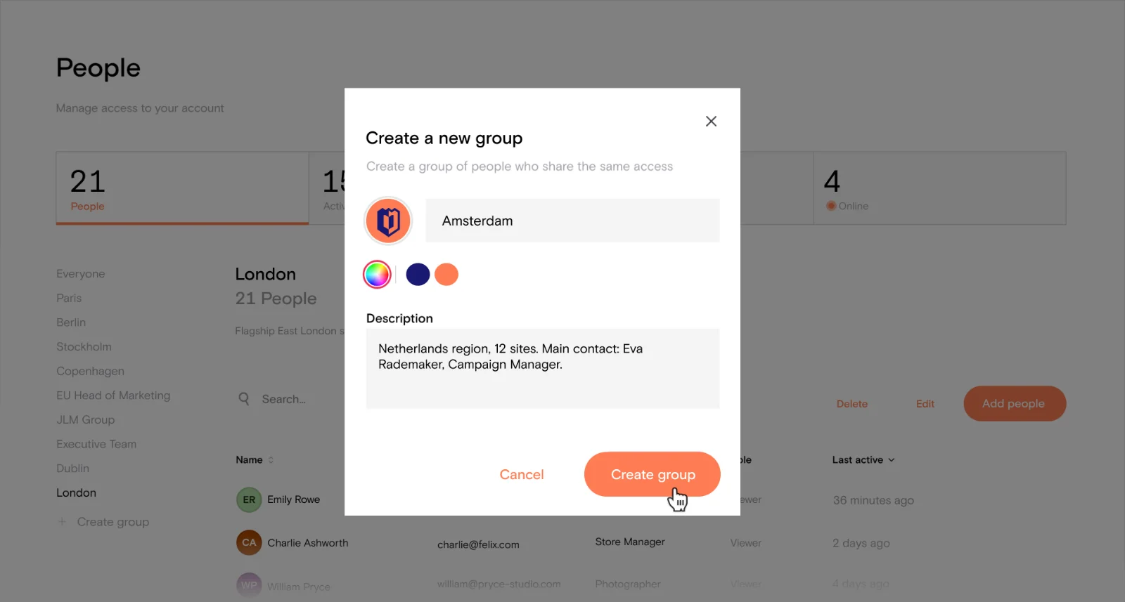 The People page in Niice with a “Create a new group” dialog open, showing a group avatar, colour and description.