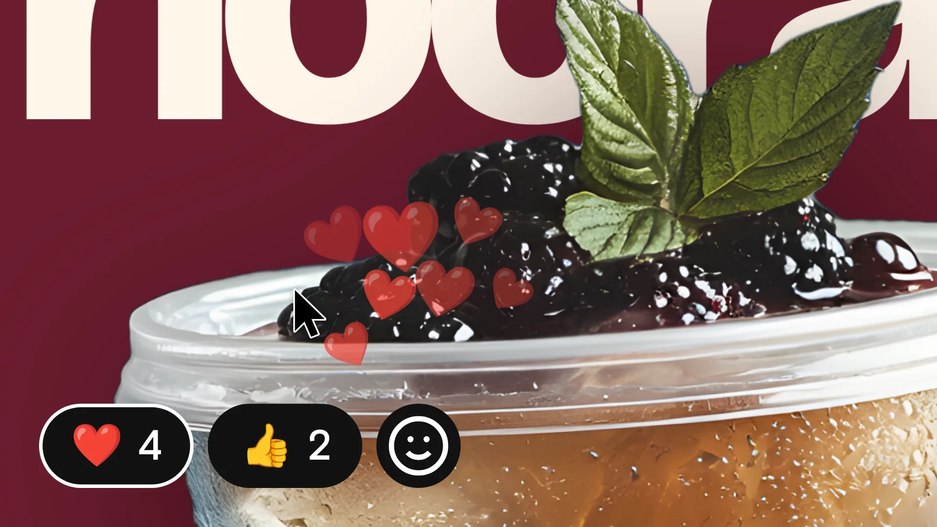 A close-up of a Felix “Sip, sip, hooray.” poster in a Niice folder block: picking the heart from the reactions menu sends a burst of hearts up, then more reactions pour in from the team.