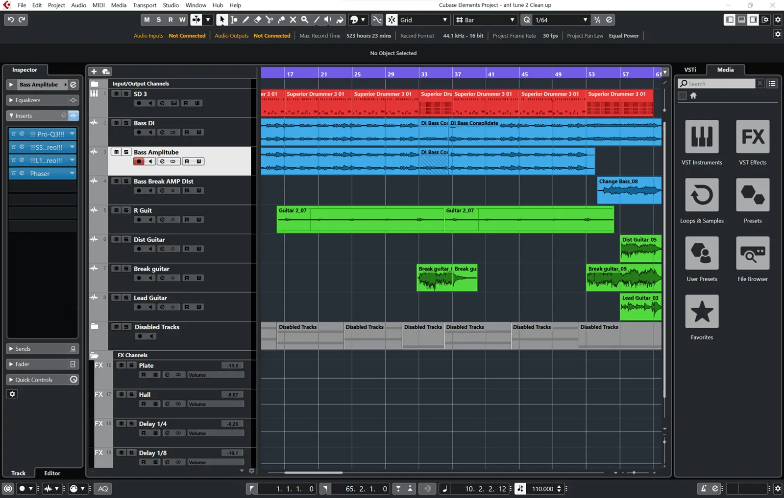 A screenshot of a Cubase timeline with guitar and drum parts.