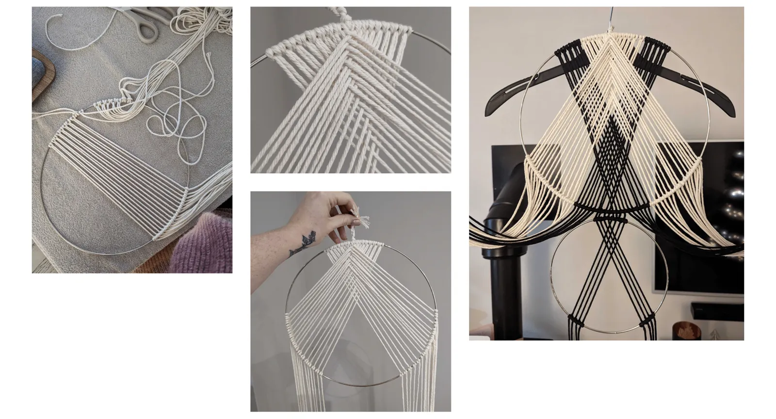 A macramé wall hanging made from knotted cords.