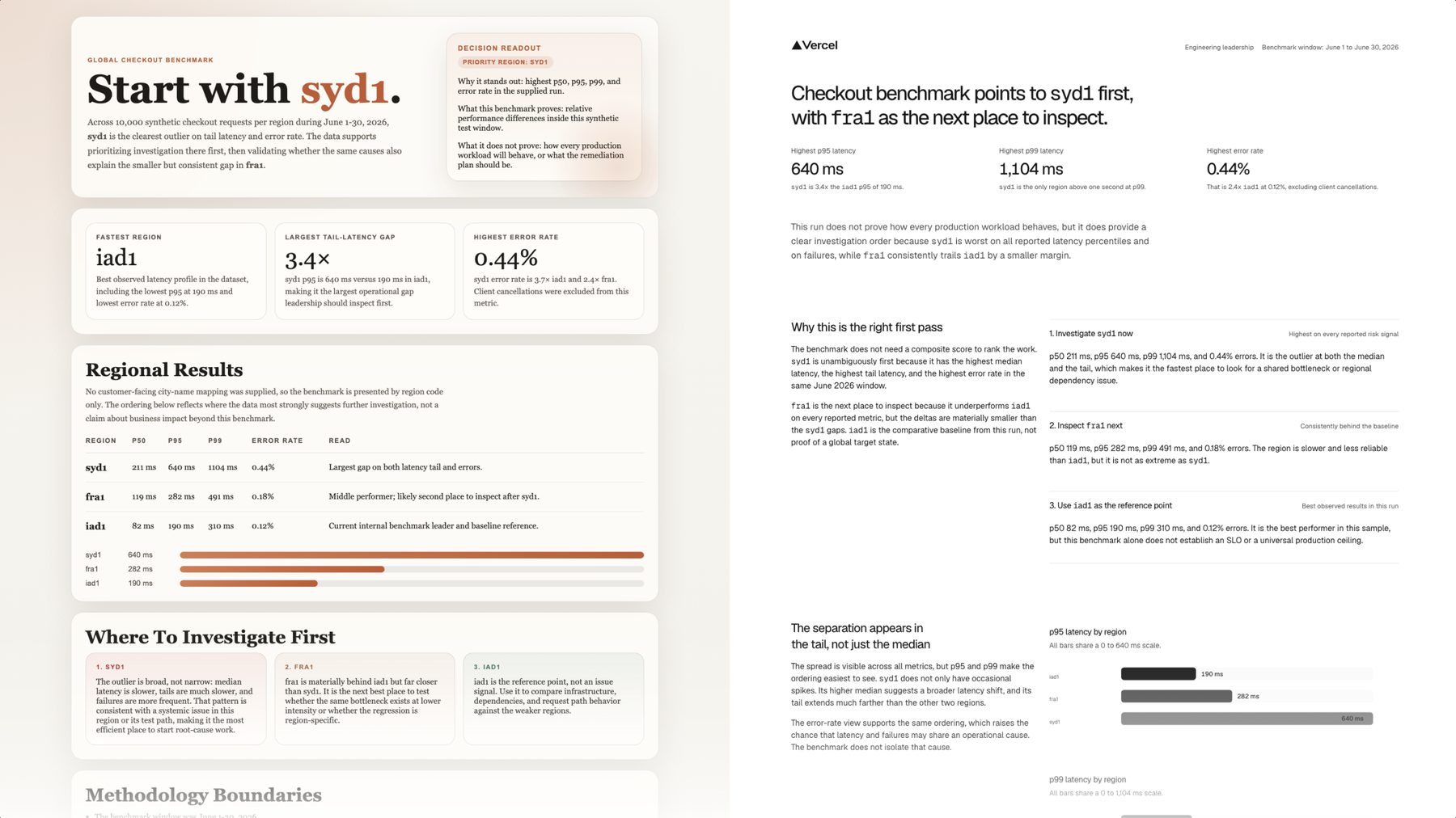 Two very differently styled pages generated from the same prompt, data, model and viewport — one warm and editorial, one cool and data-dense — illustrating how much a model's output can vary without design.md.