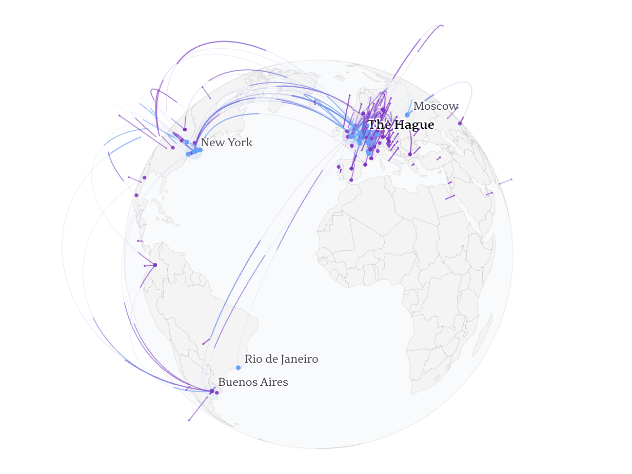 A globe turned to the Atlantic, threaded with arcs running from where type designers trained to where they now work — a dense knot converging on The Hague and western Europe, with long strands reaching New York, Rio de Janeiro and Buenos Aires.